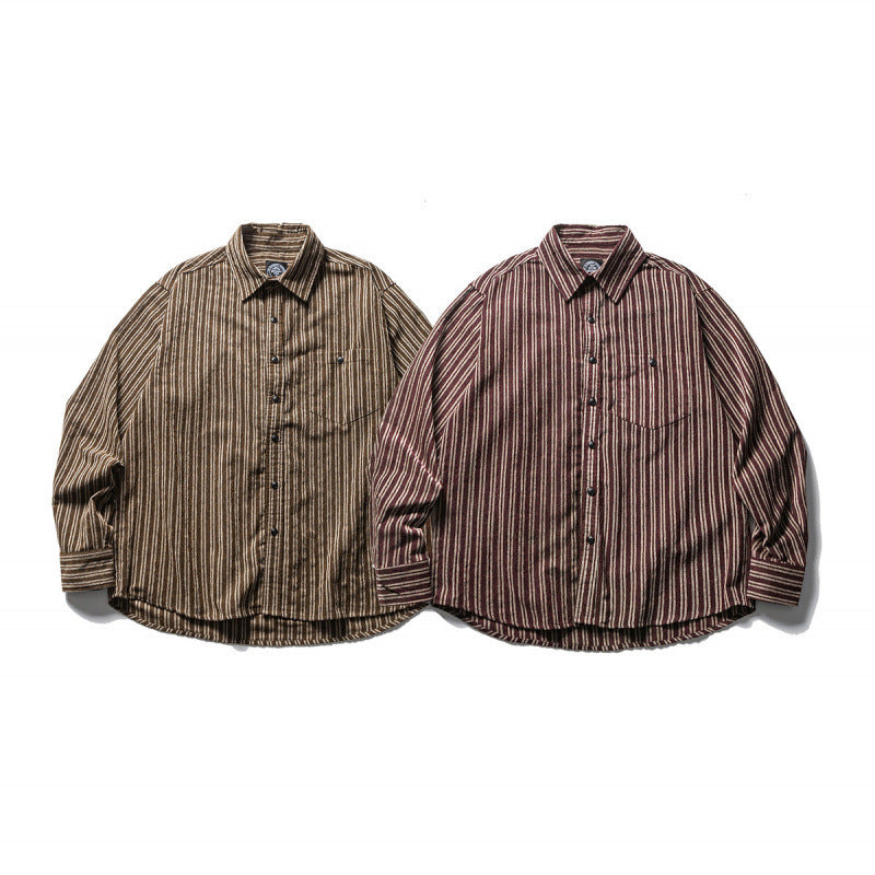 Men's Oversize Cord Shirt with Vertical Stripes, Chest Pocket and Rounded Hem Fashion Glam