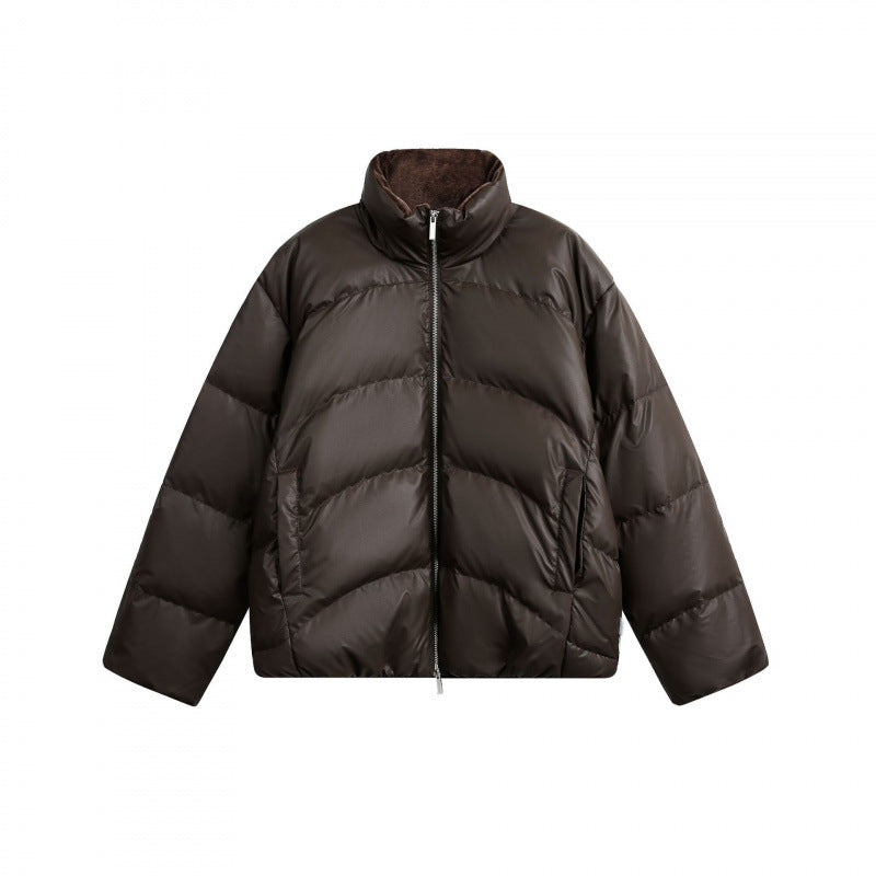 Women's Cropped Padded Boxy Jacket with High Stand-Up Collar and Teddy Lining Fashion Glam