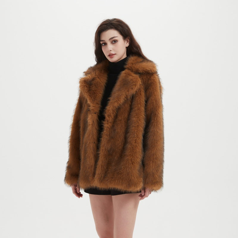 Ladies Boxy Short Coat made of dense long-fiber synthetic fur with open front Fashion Glam