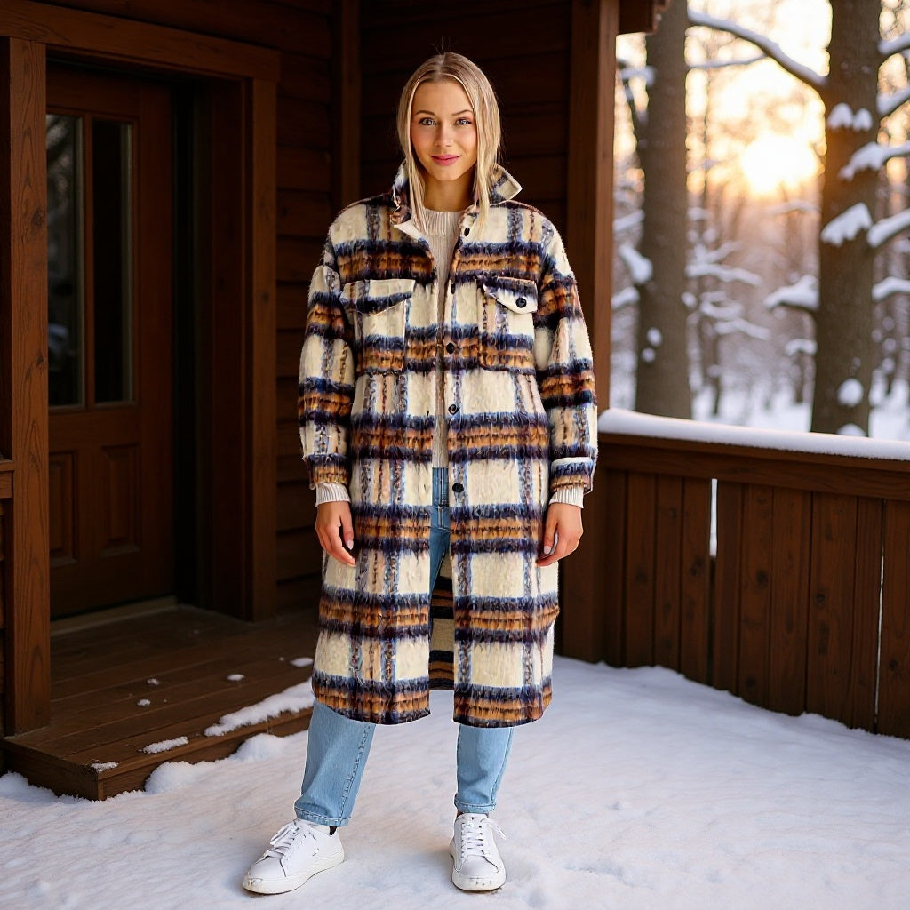 Women's checked longline faux fur overcoat with patch breast pockets Fashion Glam