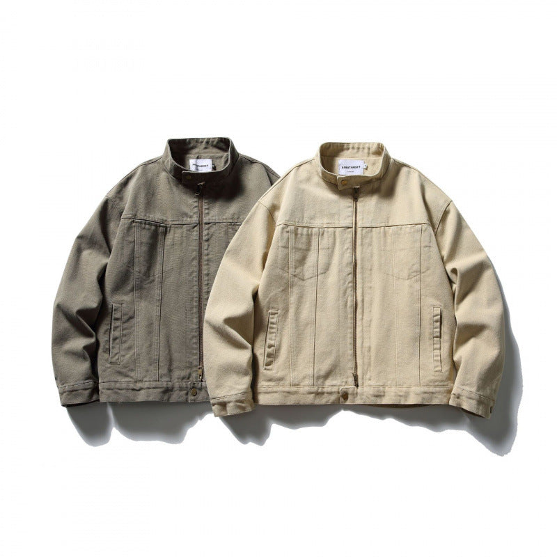 Men's Boxy Canvas Jacket with Stand-Up Collar, Zipper and Seam Panels Fashion Glam