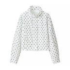 Women Short Cut Oversized Polka Dot Jacket with Stand Collar and Zipper Fashion Glam