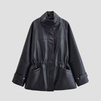 Women's Oversized Faux Leather Jacket with Stand Collar, Waist Drawstring and Patch Pockets Fashion Glam