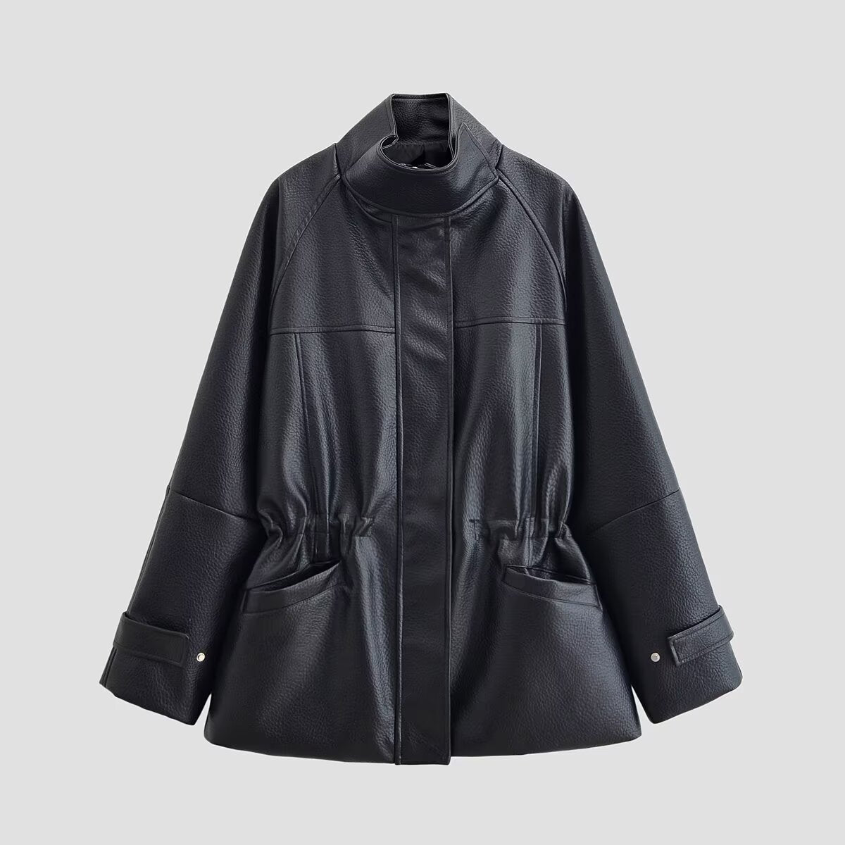 Women's Oversized Faux Leather Jacket with Stand Collar, Waist Drawstring and Patch Pockets Fashion Glam