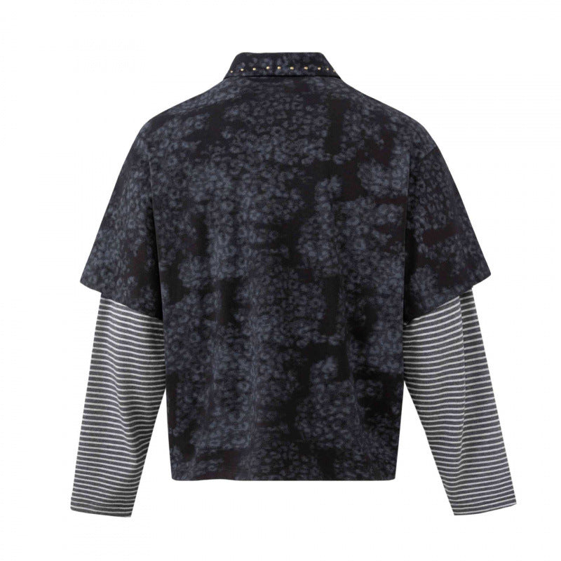 Unisex Layered Look Polo Shirt with Studded Collar, Graphic Print and Striped Sleeves Fashion Glam