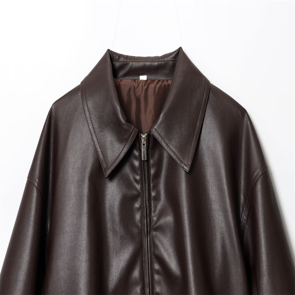 Women's short-cut oversized blouse jacket made of vegan leather with shirt collar and elastic hem Fashion Glam