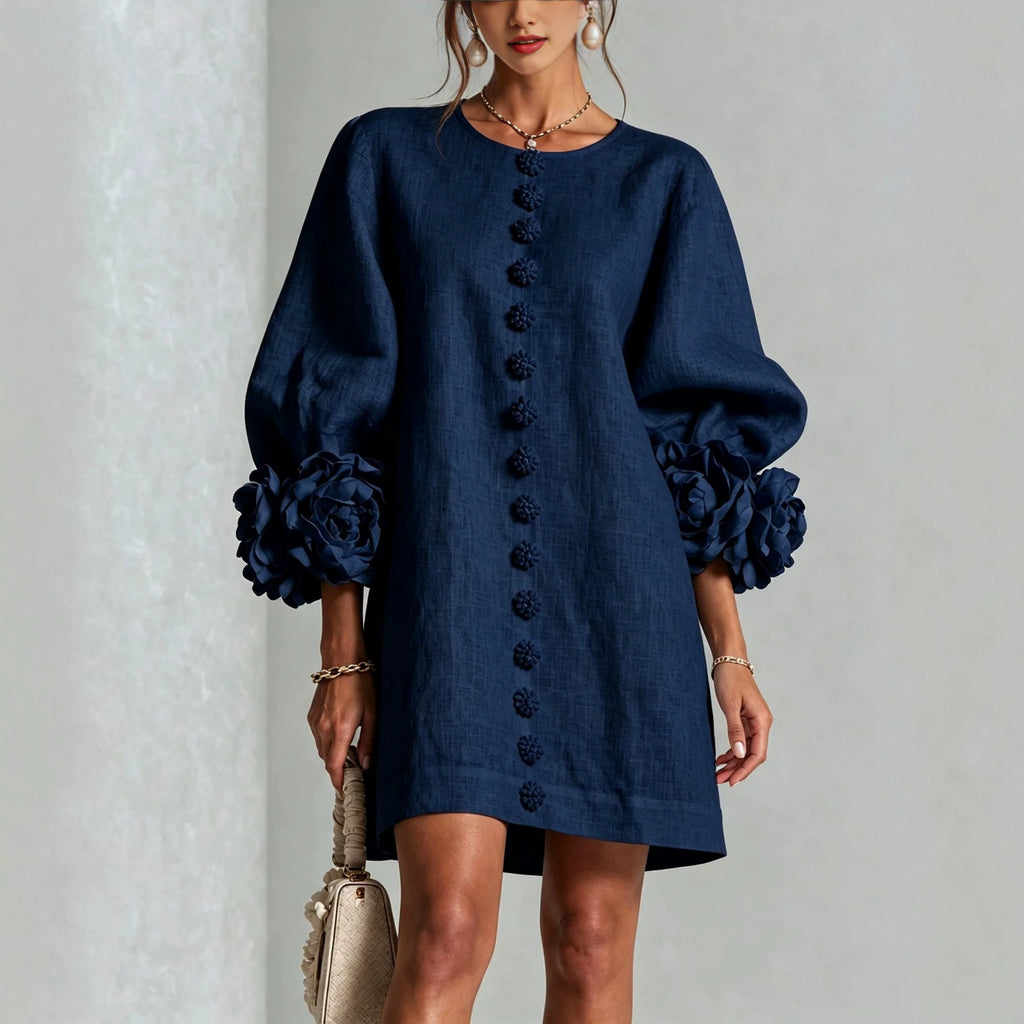 Ladies linen dress in A-line cut with balloon sleeves and 3D flower decoration Fashion Glam