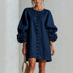 Ladies linen dress in A-line cut with balloon sleeves and 3D flower decoration Fashion Glam