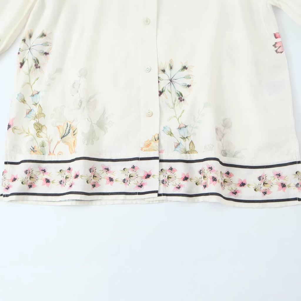 Women's loose-fitting floral button-down blouse with border print Fashion Glam