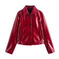 Women's Shiny Faux Leather Blouse Jacket in Boxy Cut with Shirt Collar Fashion Glam