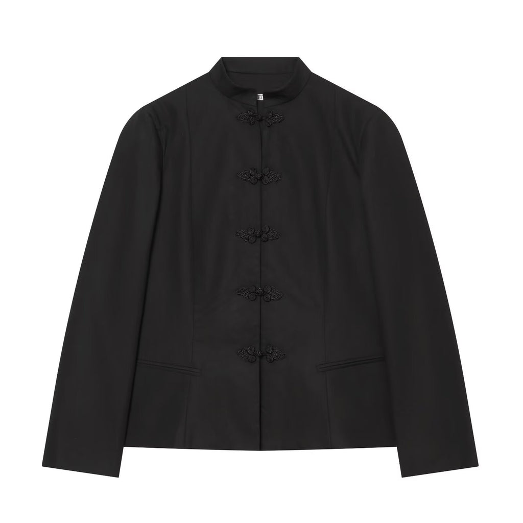 Women's Tailored Short Blazer with Mandarin Stand Collar and Decorative Frog Closures Fashion Glam