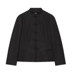 Women's Tailored Short Blazer with Mandarin Stand Collar and Decorative Frog Closures Fashion Glam