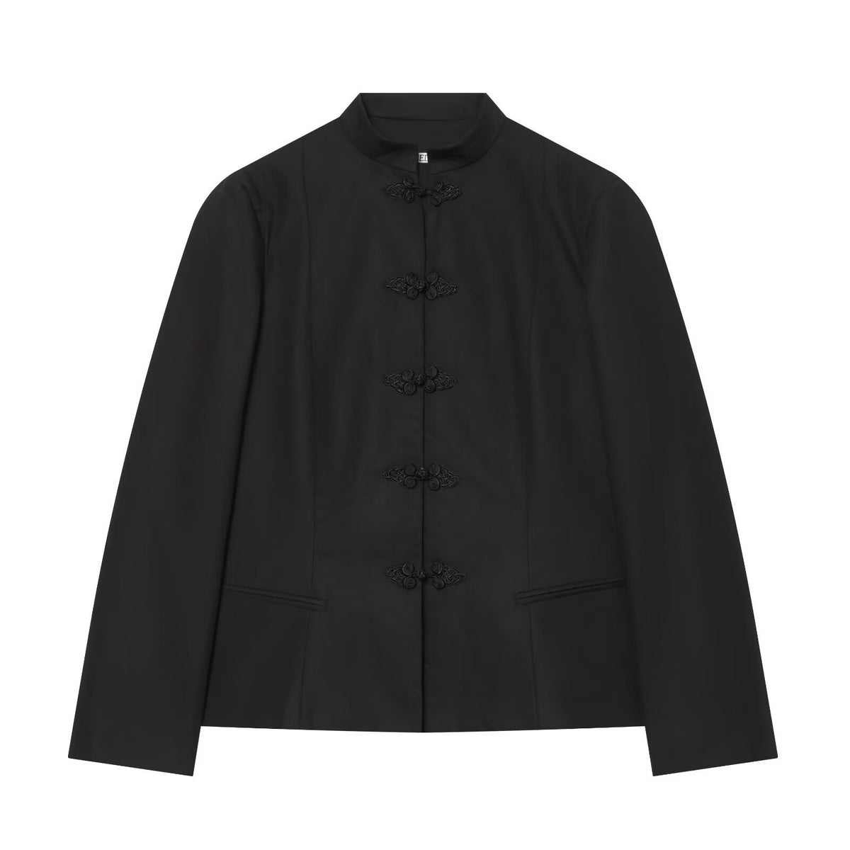 Women's Tailored Short Blazer with Mandarin Stand Collar and Decorative Frog Closures Fashion Glam