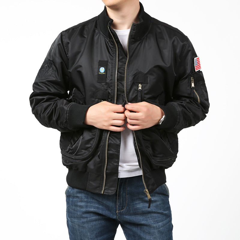 Men's Nylon Bomber Jacket Pilot Style with Multiple Pockets, Sleeve Utility Pocket and Ribbed Cuffs Fashion Glam
