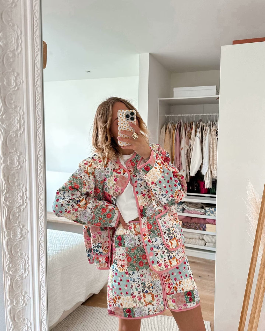 Women's quilted patchwork set consisting of jacket, vest, and mini skirt with floral print Fashion Glam