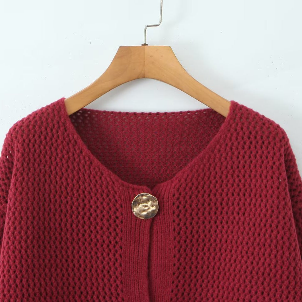 Ladies Light Open Hole Knit Cardigan with Decorative Buttons and Patch Pockets Fashion Glam