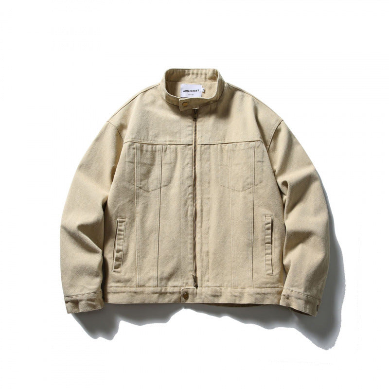 Men's Boxy Canvas Jacket with Stand-Up Collar, Zipper and Seam Panels Fashion Glam