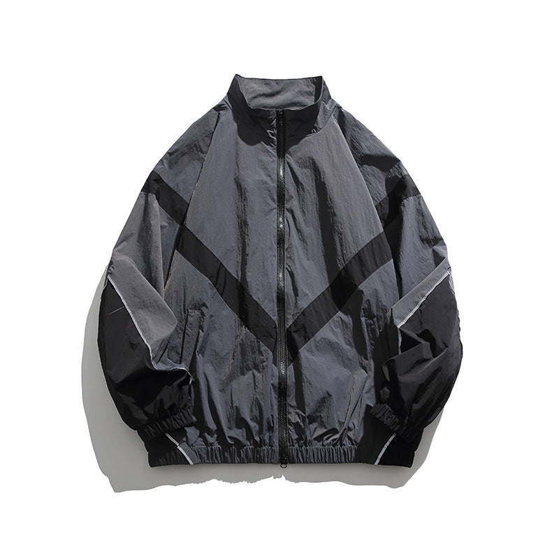Men's Lightweight Oversize Windbreaker Jacket with Chevron Panels, Stand Collar and Elastic Hem Fashion Glam
