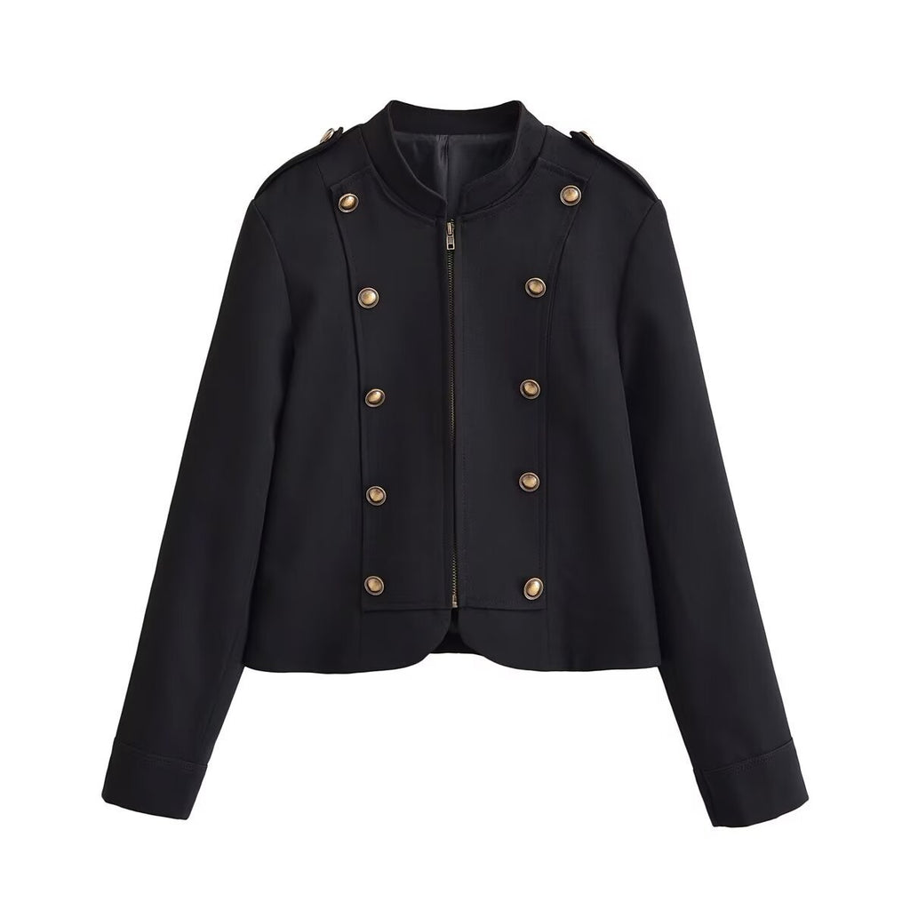 Ladies fitted short jacket in military style with decorative double-button placket, zipper, and shoulder epaulettes Fashion Glam
