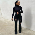 Women High-Waisted Flared Jeans with Destroyed Rips and Sculpting Stretch Cut Fashion Glam
