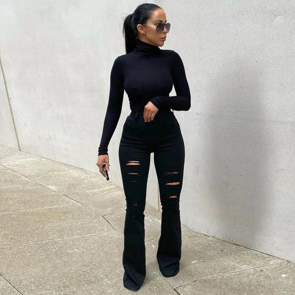 Ladies High-Cut Flared Jeans with Eye-Catching Horizontal Rips and Sculpting Cut Fashion Glam