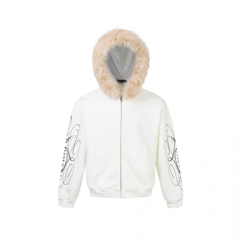 Unisex Oversize hoodie jacket with faux fur trim, zipper and graphic sleeves Fashion Glam