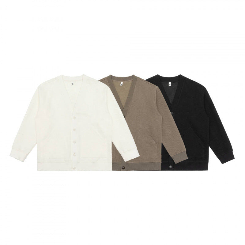 Unisex Oversized Waffle Knit Cardigan with V-Neck, Button Placket and Patch Pockets Fashion Glam