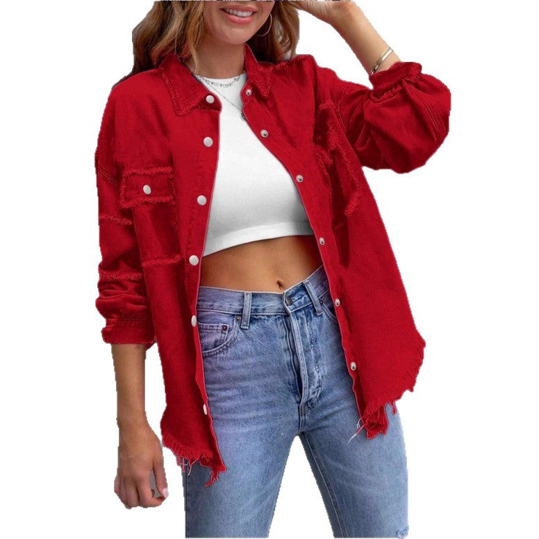 Women's oversized denim shirt jacket with fringe trim, flap pockets, and snap front Fashion Glam