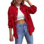 Women's oversized denim shirt jacket with fringe trim, flap pockets, and snap front Fashion Glam