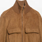 Women's Short Suede Look Bomber Jacket with Stand Collar, Flap Pockets and Ribbed Cuffs Fashion Glam