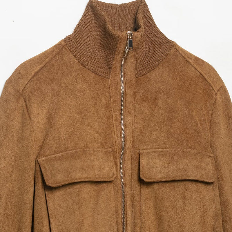Women's Short Suede Look Bomber Jacket with Stand Collar, Flap Pockets and Ribbed Cuffs Fashion Glam