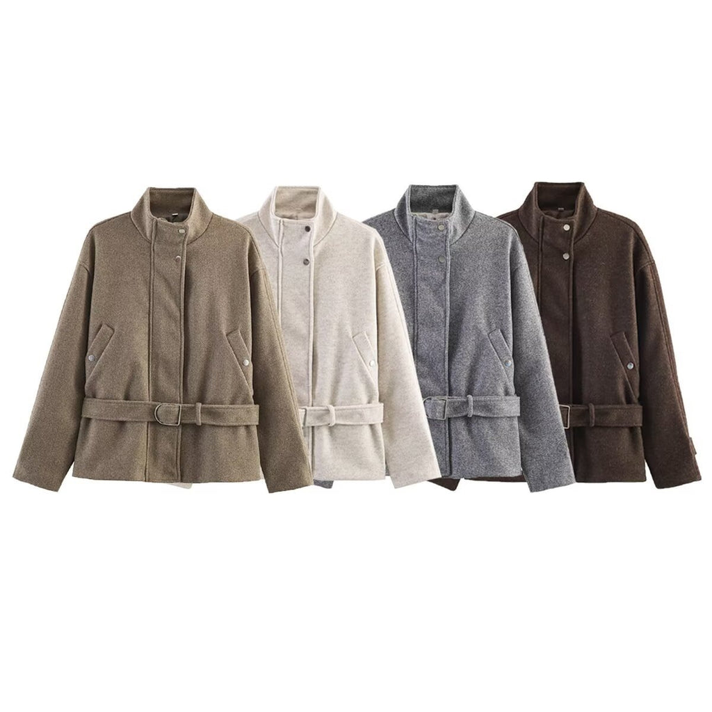 Women's Boxy Wool Jacket with Stand-Up Collar, Concealed Snap Button Placket and D-Ring Waist Belt Fashion Glam