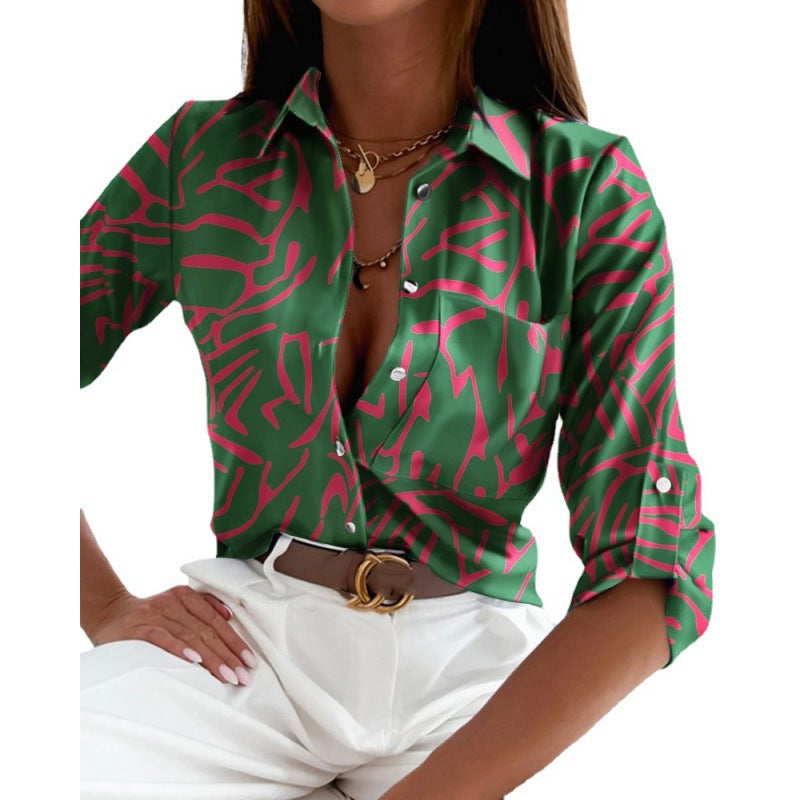 Women's satin blouse with graphic all-over print and tailored fit Fashion Glam