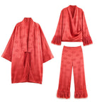 Ladies high-waisted satin pants with jacquard floral pattern and feather fringes Fashion Glam