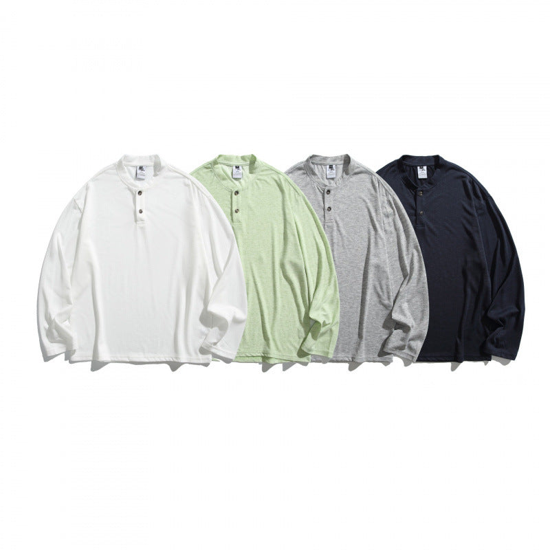 Unisex Loose Henley Long Sleeve with Stand Collar and Waffle Texture Fashion Glam
