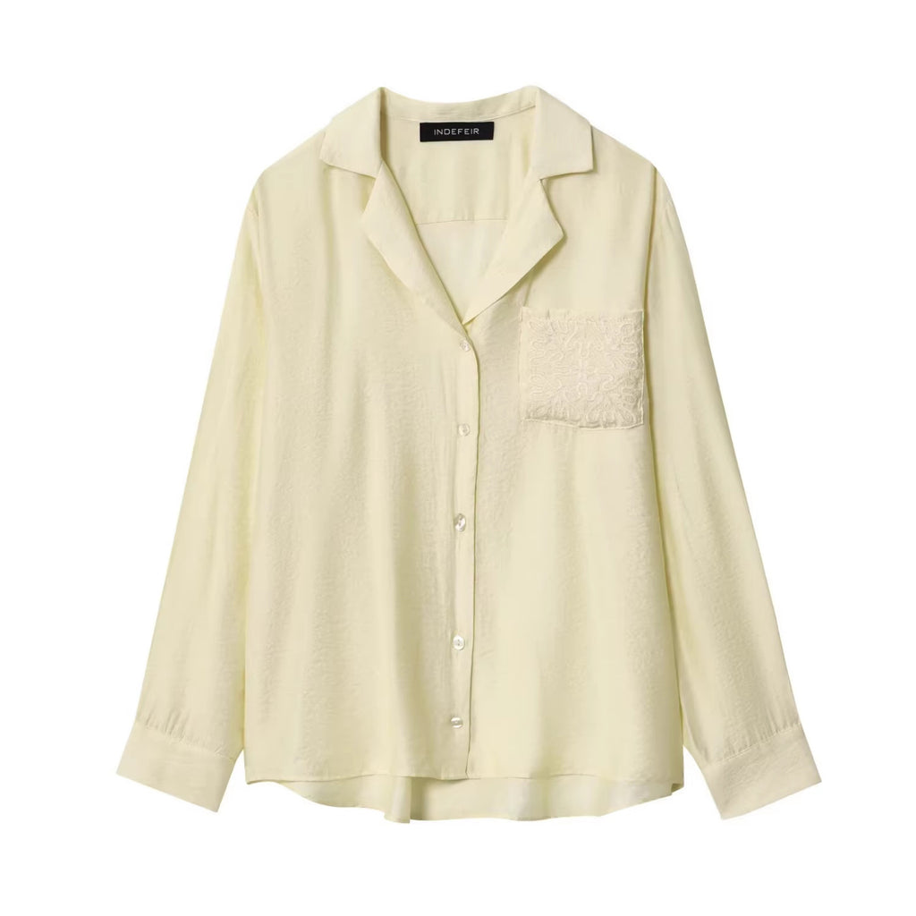 Women's Loose Satin Shirt with Notched Collar and Embroidered Chest Pocket Fashion Glam
