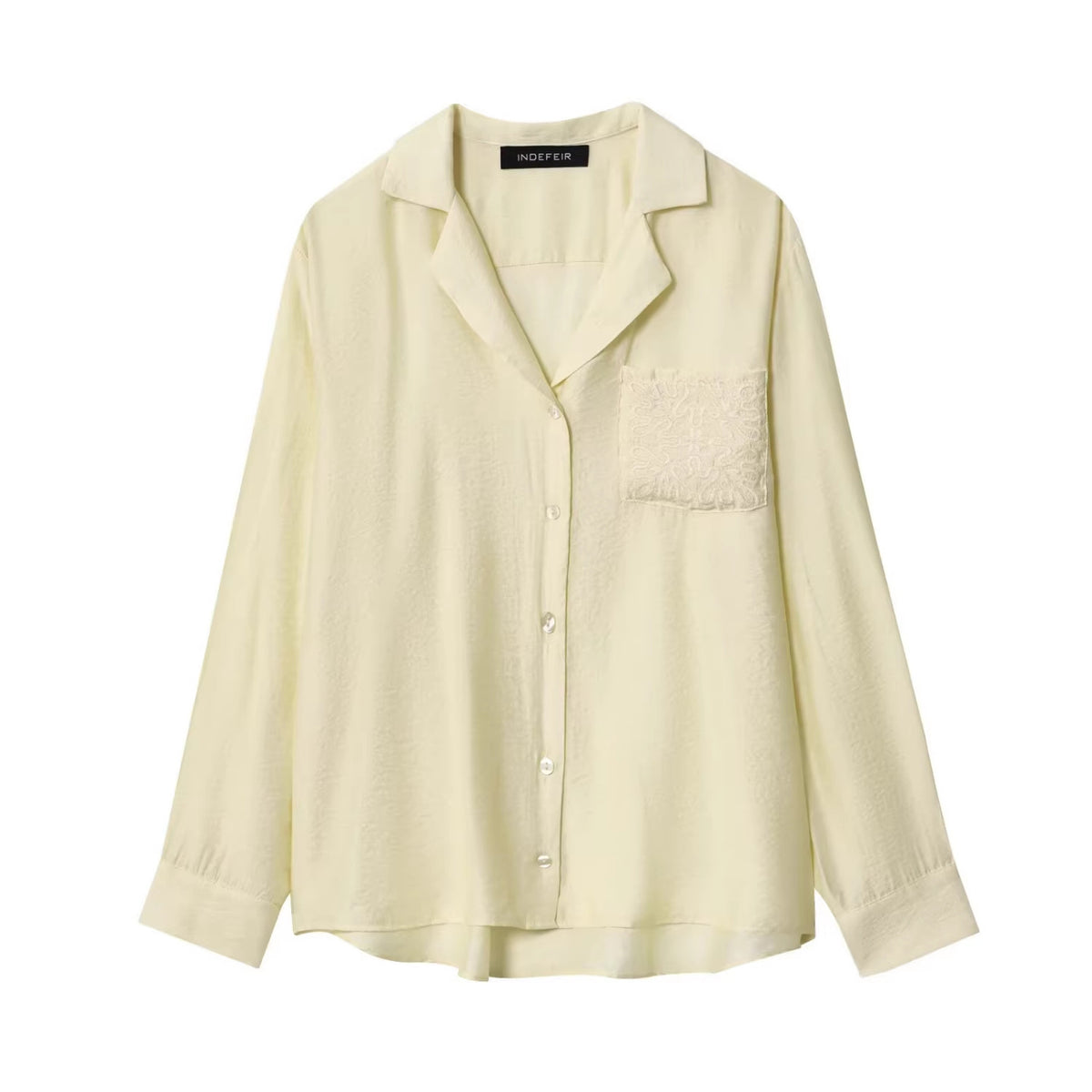 Women's Loose Satin Shirt with Notched Collar and Embroidered Chest Pocket Fashion Glam
