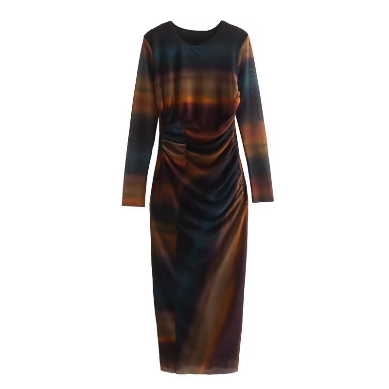 Women's Figure-Hugging Midi Dress with Side Draping and Round Neckline Fashion Glam