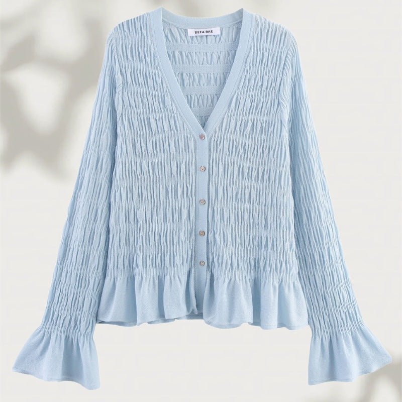 Women's gathered smock cardigan with V-neck and ruffle sleeves Fashion Glam