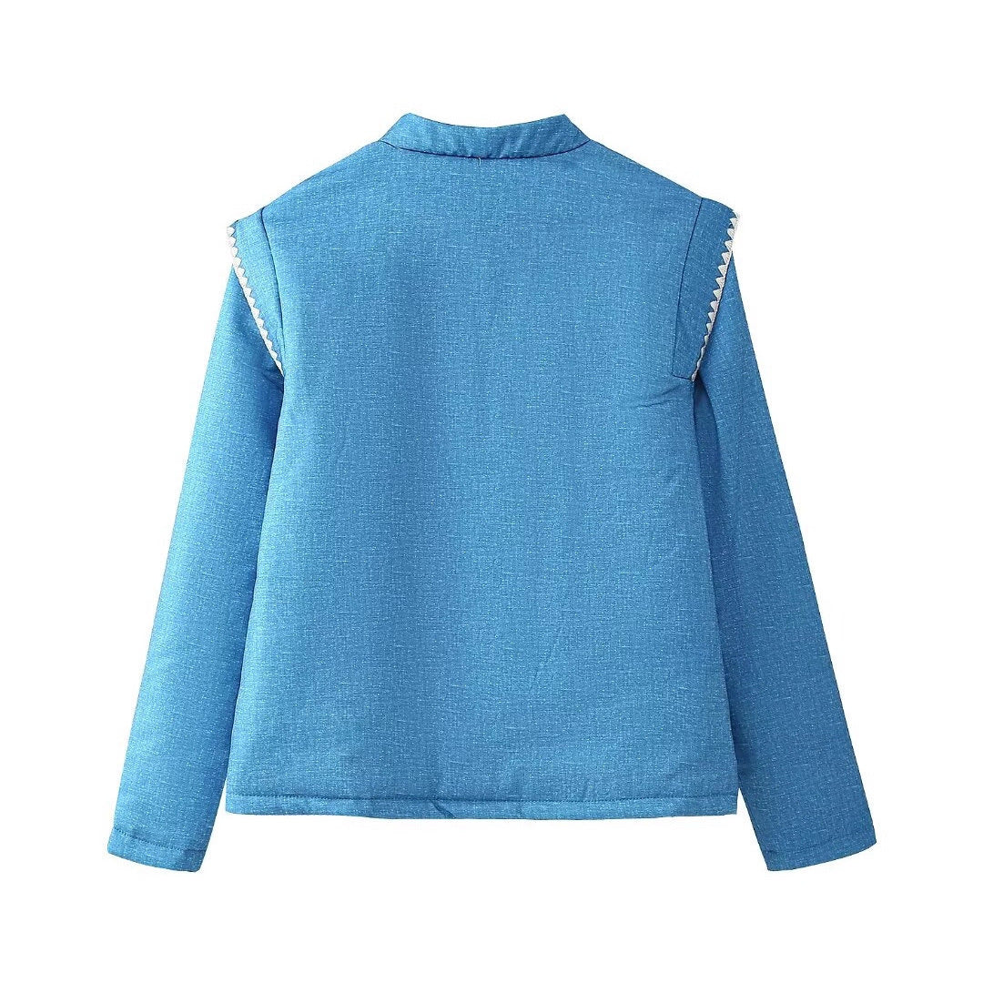 Women Quilted Linen Look Stand Collar Jacket with Folk Chest Embroidery & Patch Pockets Fashion Glam