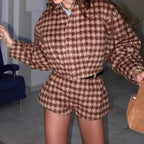 Women's Houndstooth Wool Blend Two-Piece made of Short Jacket and High-Waist Shorts Fashion Glam