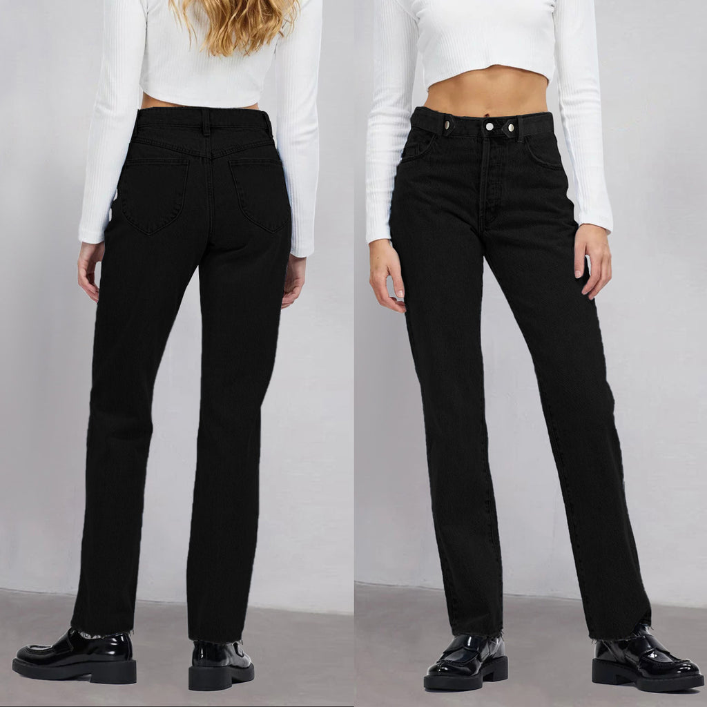 Women high-waisted straight-cut jeans made of rigid denim with raw hem Fashion Glam