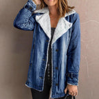Women's Oversized Denim Jacket with Teddy Lining, Button Placket and Patch Pockets Fashion Glam