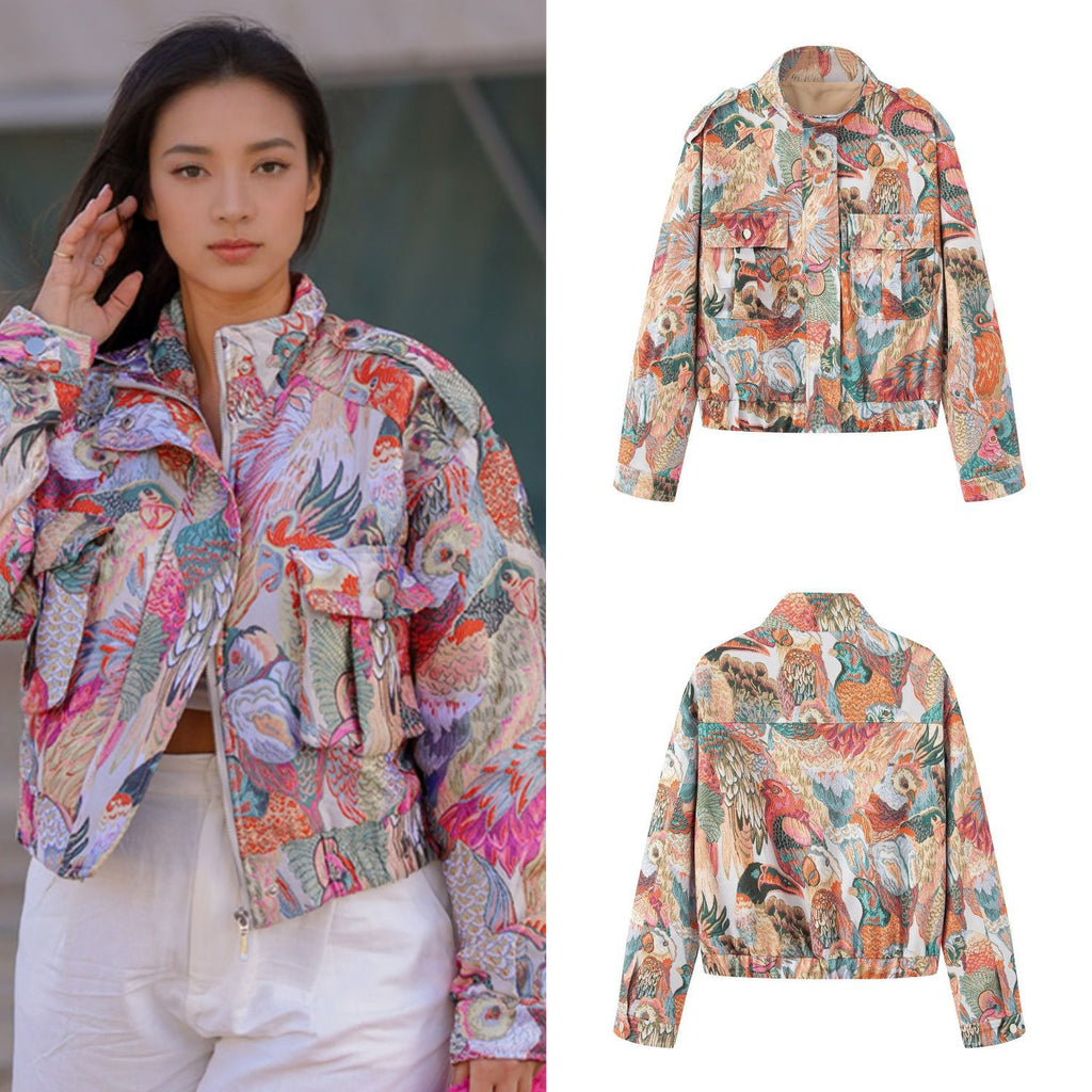 Ladies embroidered bomber jacket with bird motifs and patched pockets Fashion Glam