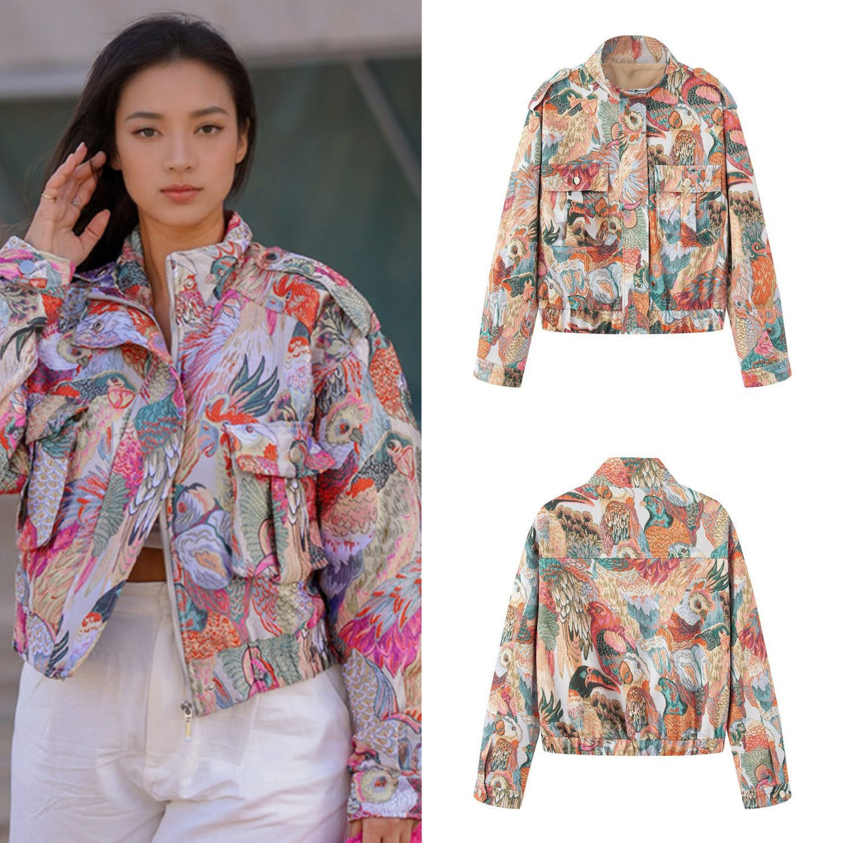 Ladies embroidered bomber jacket with bird motifs and patched pockets Fashion Glam