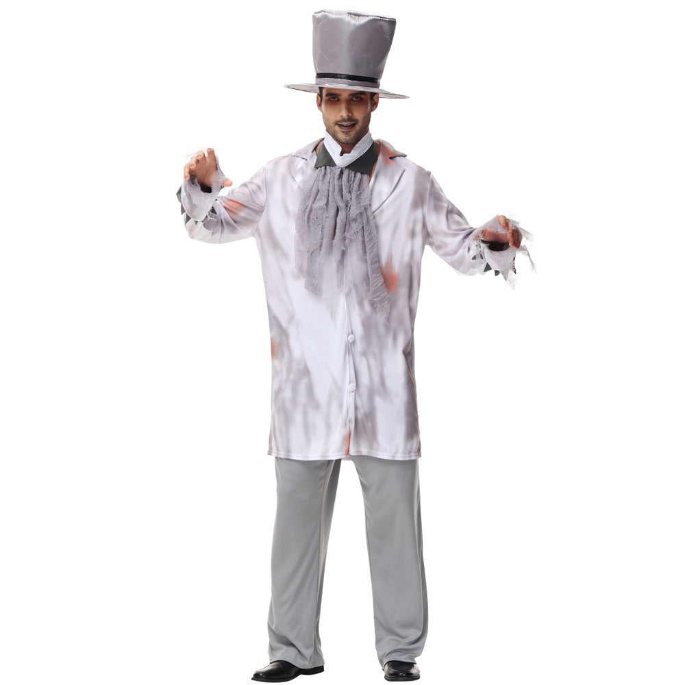 Men's Creepy Ghost Costume with Stylish Hat and Torn Details Fashion Glam