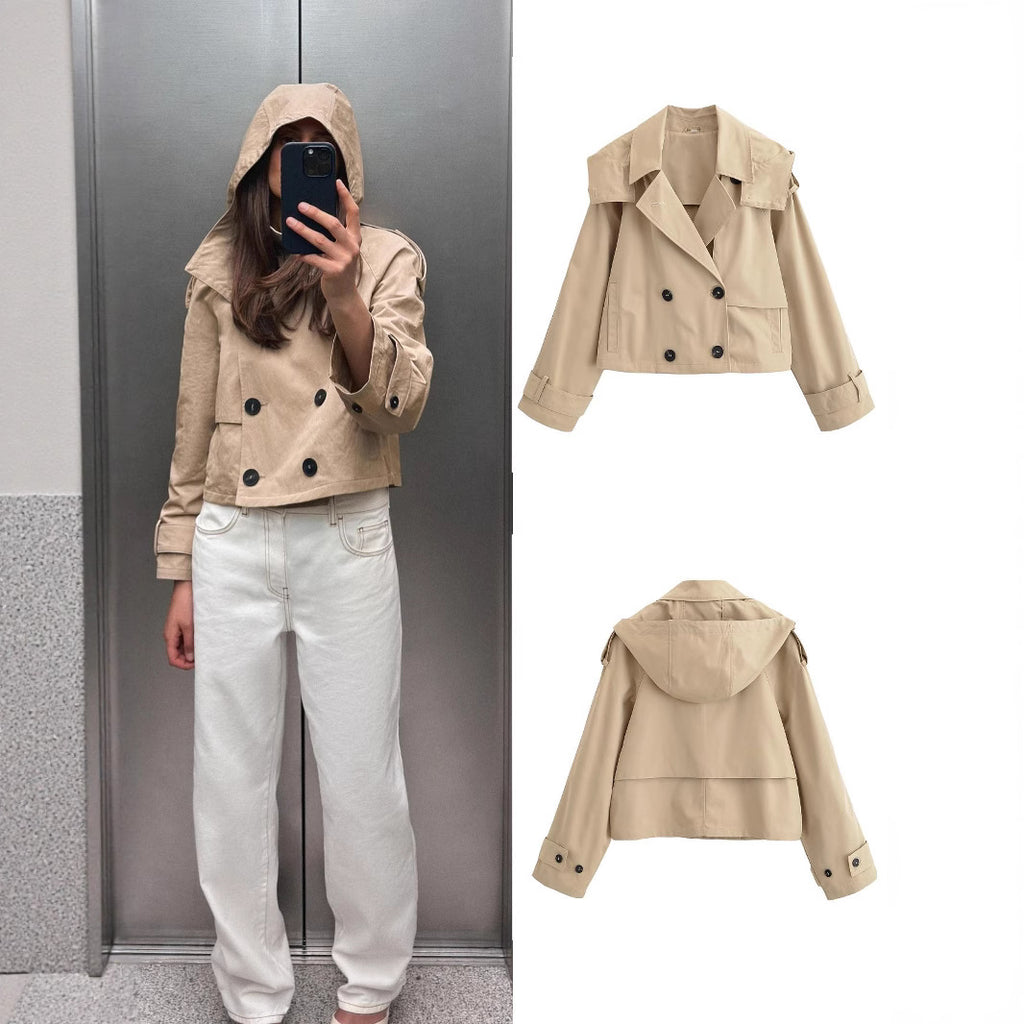 Women short jacket in trench coat style with double-breasted button placket and adjustable cuffs Fashion Glam