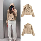 Women short jacket in trench coat style with double-breasted button placket and adjustable cuffs Fashion Glam