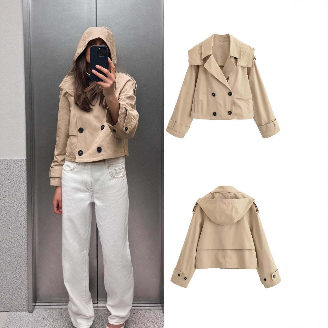 Women short jacket in trench coat style with double-breasted button placket and adjustable cuffs Fashion Glam