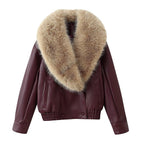 Women's Short-Cut Leather Bomber Jacket with Voluminous Removable Fur Collar Fashion Glam